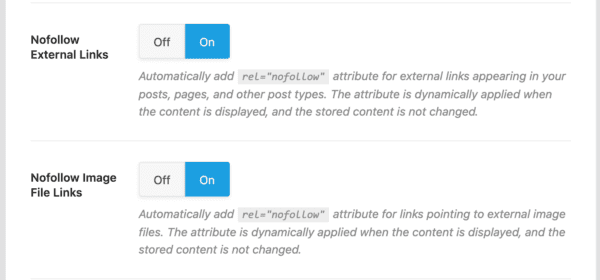 Screen with settings for "Nofollow External Links" and "Nofollow Image File Links" options, each showing "Off" and "On" toggle buttons. Both settings are switched to "On.