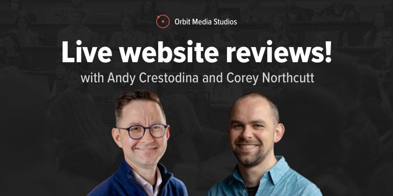 Promotion for "Live website reviews" by Orbit Media Studios, featuring two speakers with a blurred audience in the background.