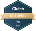 Hexagonal badge with "Clutch" logo. Text reads "Champion, Fall 2024." Gold ribbon across the middle.