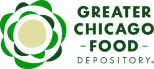 Logo of the Greater Chicago Food Depository featuring a circular green pattern and text on the right.