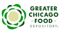 Logo of Greater Chicago Food Depository, featuring geometric green shapes and text on the right.