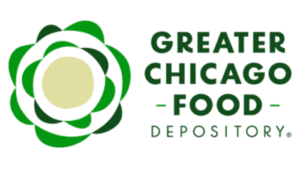 Logo of Greater Chicago Food Depository, featuring geometric green shapes and text on the right.