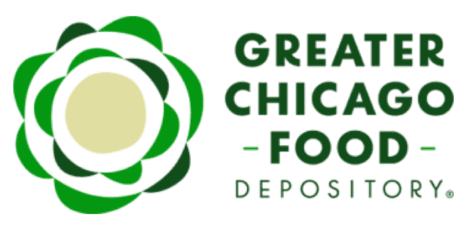 Logo of Greater Chicago Food Depository, featuring geometric green shapes and text on the right.