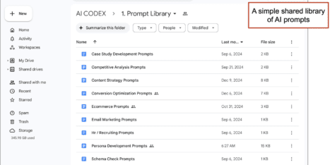 Screenshot of a Google Drive folder named "1. Prompt Library" containing various AI prompt documents with modification dates displayed.