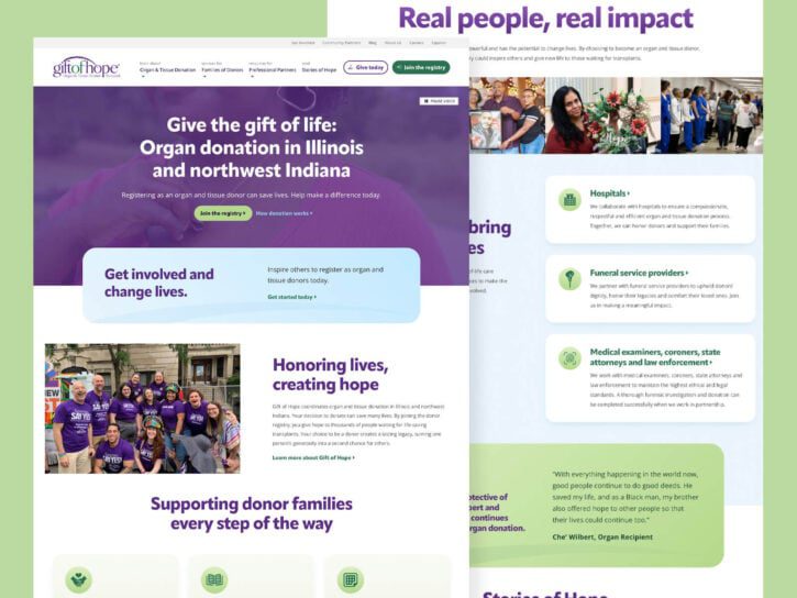 Website screenshot for Gift of Hope showing organ donation information in Illinois and Indiana, with images of participants and sections on hospitals, funeral homes, and medical examiners.