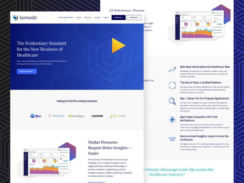 Website homepage showcasing Komodo Health's services in healthcare analytics, featuring logos of prominent companies and a dashboard illustration with graphs and charts.