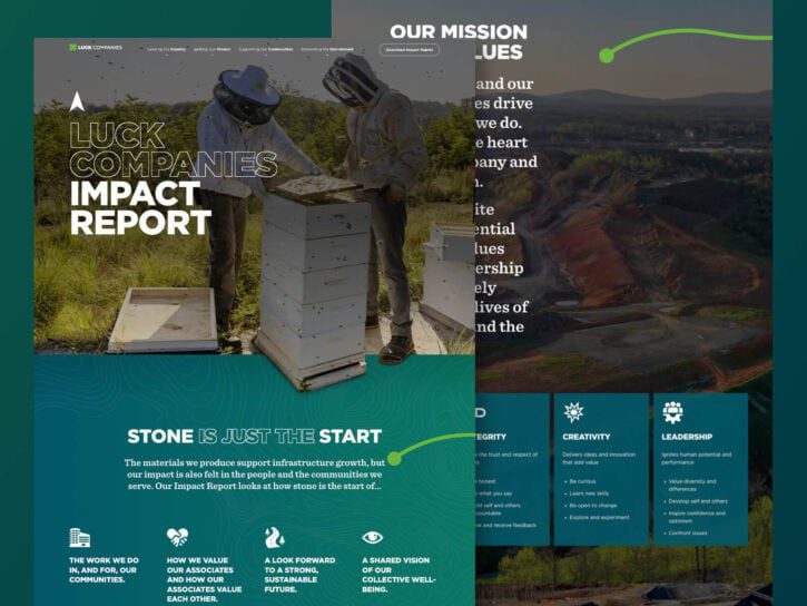 Cover of Luck Companies Impact Report featuring two people in protective gear examining a beehive, with sections on sustainability, creativity, and leadership.