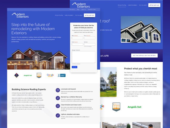 Screenshot of Modern Exteriors website, showcasing home remodeling services, customer reviews, and a form for scheduling a free consultation. Includes images of houses and company logos.