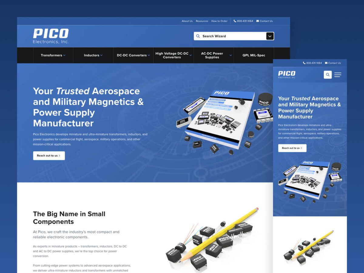 PICO Electronics website homepage displaying product images and company tagline about aerospace and military magnetics and power supply manufacturing.