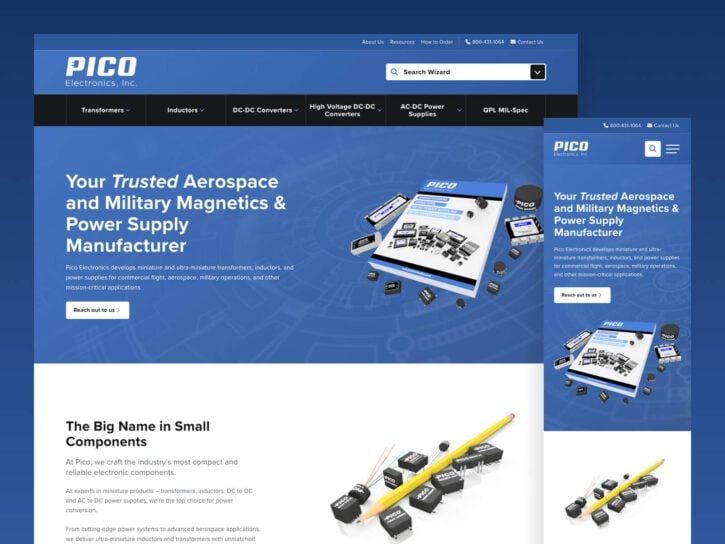 PICO Electronics website homepage displaying product images and company tagline about aerospace and military magnetics and power supply manufacturing.