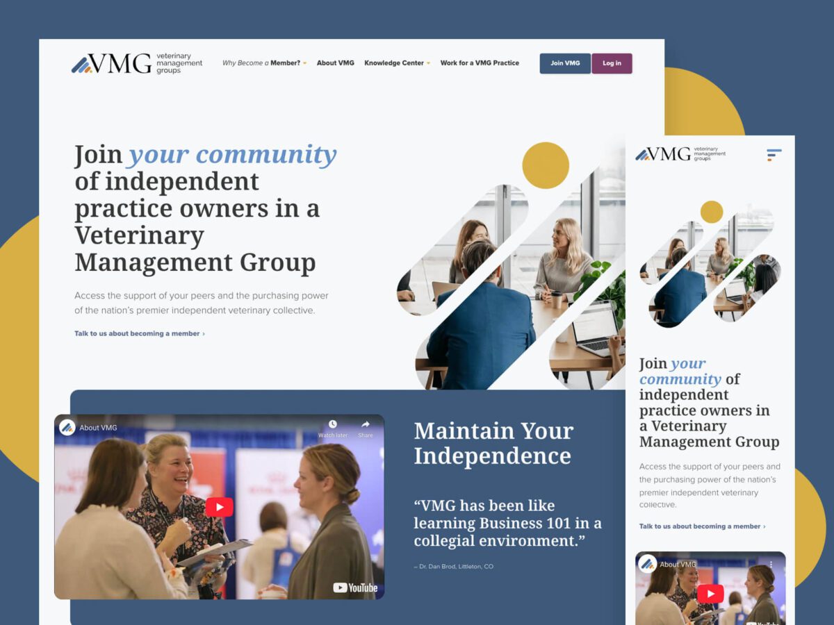 Website layout showing a veterinary management group promotion, featuring text, images of people in conversation, and an embedded YouTube video.