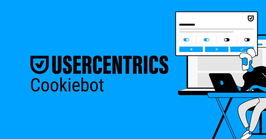 Blue background with Usercentrics and Cookiebot logos. Illustration of a person interacting with a computer displaying a menu, on the right side.