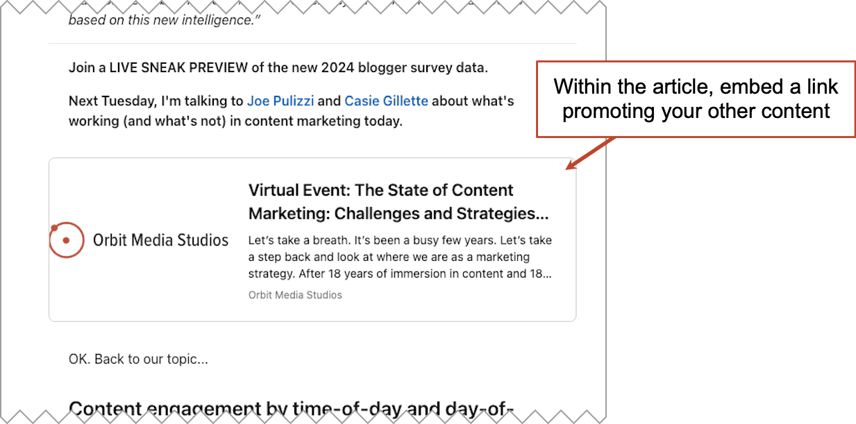 Screenshot of an email discussing a virtual event on content marketing by Orbit Media Studios, with a note on embedding links to promote other content.