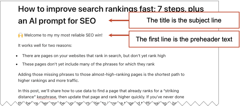 Screenshot of a webpage titled "How to improve search rankings fast: 7 steps, plus an AI prompt for SEO" with annotations indicating the title and preheader text.