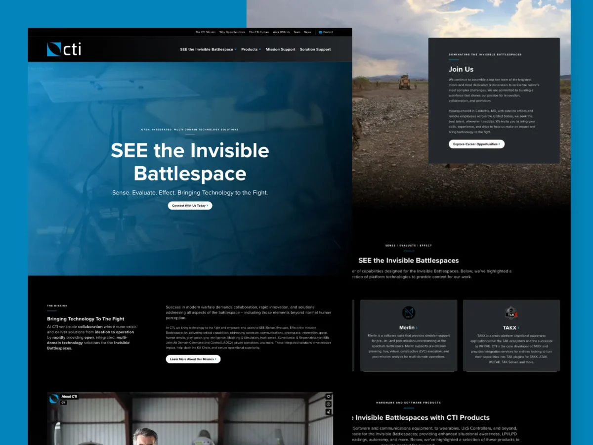 Screenshot of a webpage for CTI, featuring a central banner titled "SEE the Invisible Battlespace," navigation menus, text sections, and images.