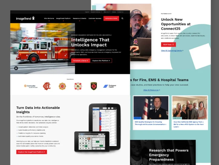 Collage of website screenshots featuring fire truck, data insights, emergency services icons, tablets, a speaker at a podium, and a meeting, all related to ImageTrend's services.