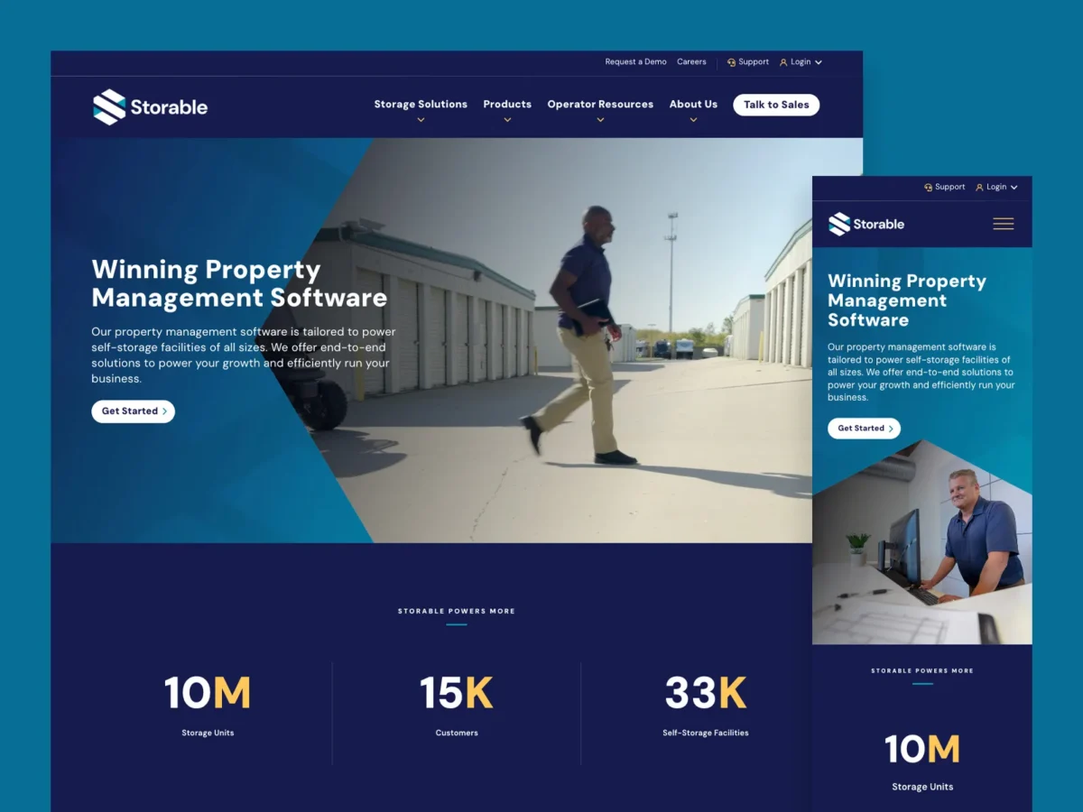 A person walks in front of storage units. The screen displays a website for a property management software, highlighting features and user statistics.