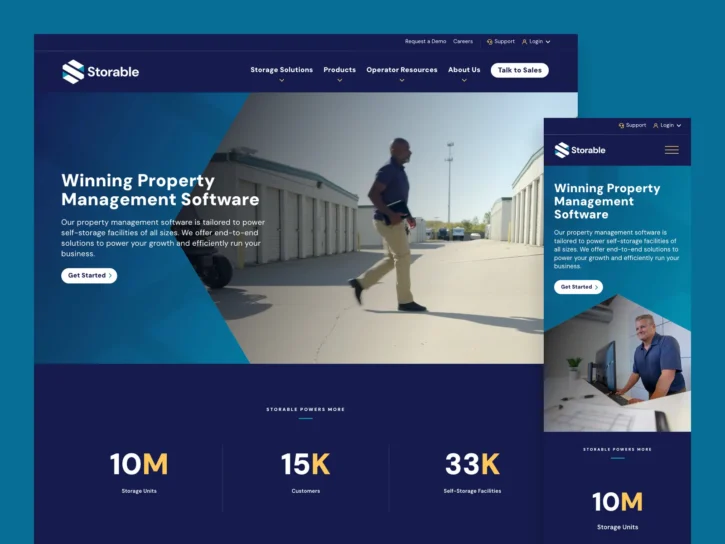 A person walks in front of storage units. The screen displays a website for a property management software, highlighting features and user statistics.