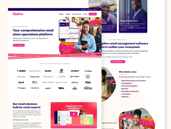 Screenshot of Zipline's website featuring retail store operations platform with text, graphics, and images of diverse individuals. Logos of brands like Sephora and Vans are displayed.