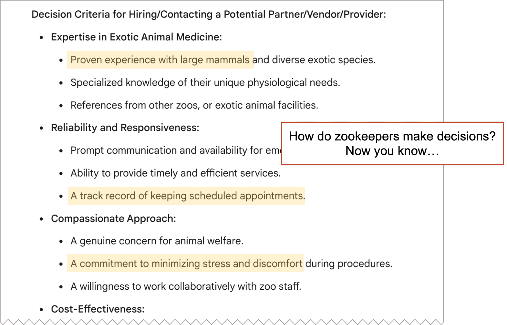 Infographic titled "Decision Criteria for Hiring/Contacting a Potential Partner/Vendor/Provider" highlighting experience, reliability, compassionate approach, and cost-effectiveness for zookeeper roles.