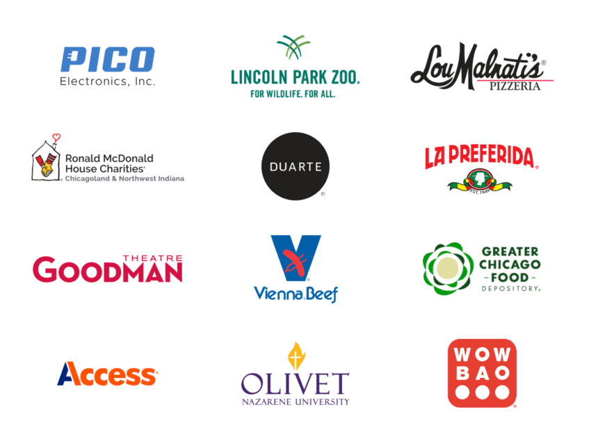 Grid of 12 logos for various organizations, including electronics, zoos, charities, food brands, and educational institutions.