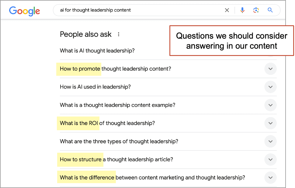 Screenshot of a Google search for "AI for thought leadership content," showing related questions like "How to promote thought leadership content?" and "What is the ROI of thought leadership?.