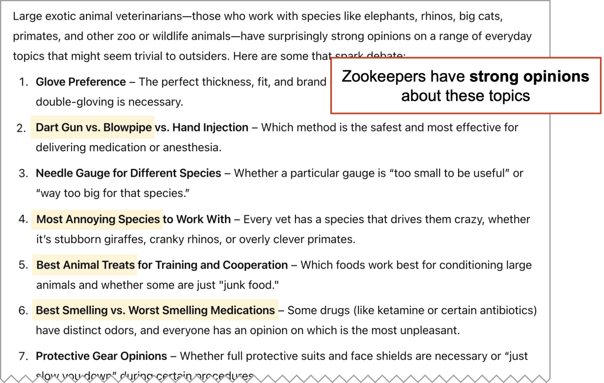 Text excerpt listing zookeepers' opinions: glove preference, injection methods, needle gauge, annoying species, best animal treats, smelling medications, and protective gear opinions.