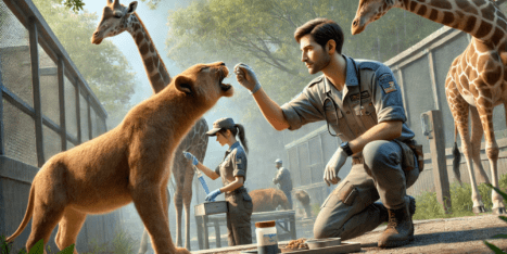 A male zookeeper feeds a lion cub in an enclosure, with giraffes nearby. A female zookeeper works in the background.