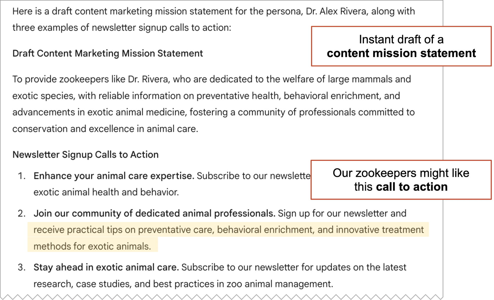 Snippet of a draft content marketing mission statement and newsletter signup calls to action, highlighting practical tips for zookeepers on animal care and behavioral enrichment.