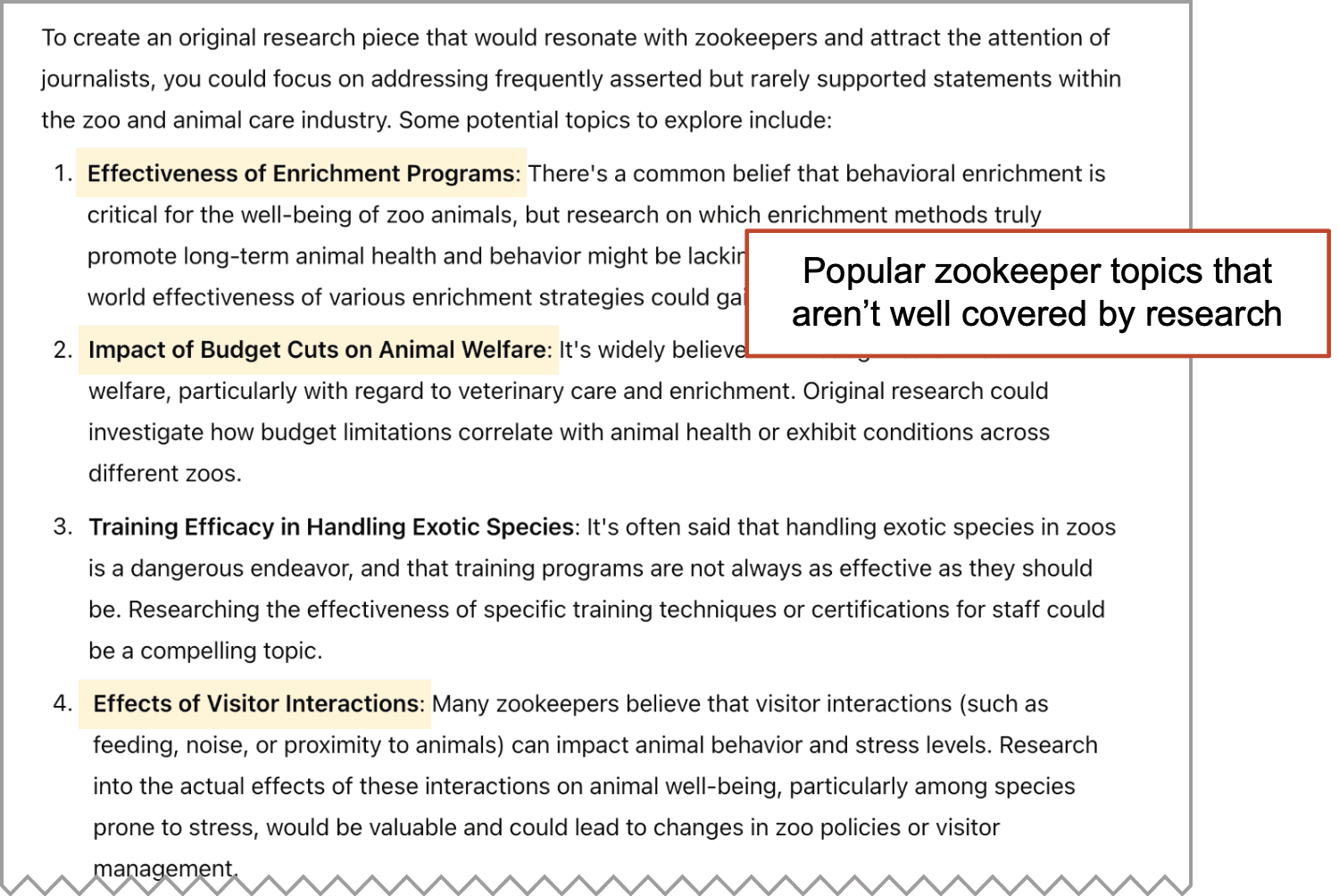 Image of a document listing zookeeper topics lacking research, with a red-bordered box highlighting the phrase: "Popular zookeeper topics that aren’t well covered by research.