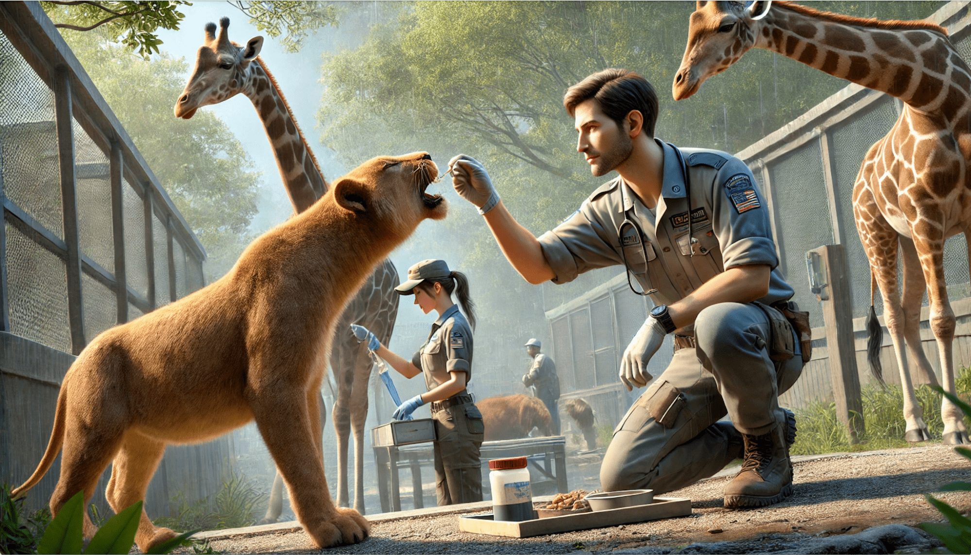 A male zookeeper feeds a lion cub in an enclosure, with giraffes nearby. A female zookeeper works in the background.