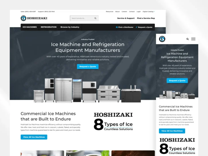 Screenshot of the Hoshizaki website homepage displaying ice machines and refrigeration equipment, navigation menu, company logo, and “Request a Quote” buttons.