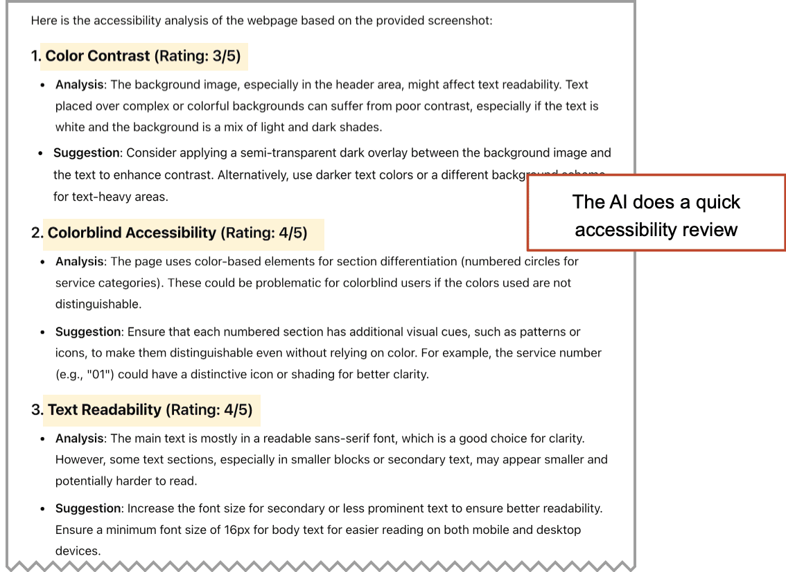 A webpage displays an AI-generated accessibility review, rating color contrast, colorblind accessibility, and text readability, with specific suggestions listed under each category.