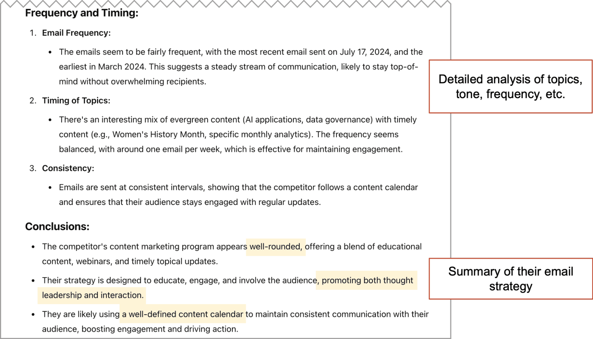 Screenshot of a content analysis report highlighting frequency, timing, and consistency of emails, alongside a summary emphasizing a well-rounded strategy and thought leadership.