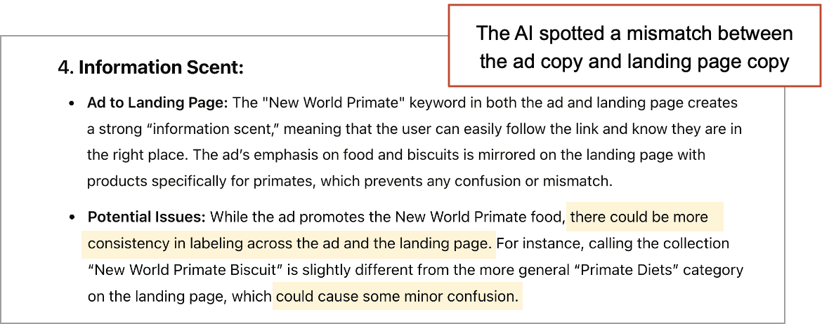 A webpage section highlights an AI-detected mismatch between ad copy and landing page text, noting potential confusion due to inconsistent labeling of a primate food product.