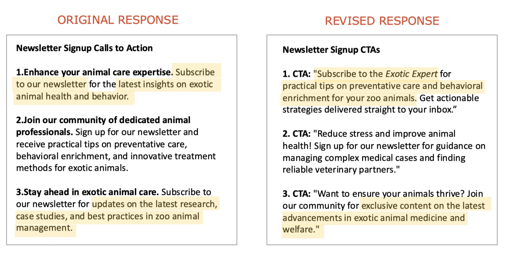 Side-by-side comparison of original and revised newsletter signup calls to action, with highlighted text showing improved clarity and specificity in the revised version.