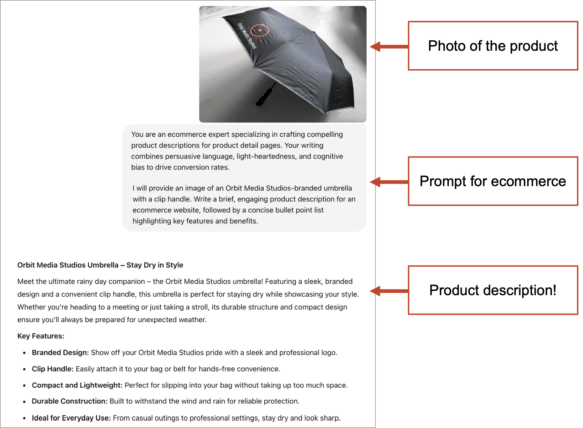 Annotated screenshot showing an umbrella product image, an ecommerce prompt, and a product description, each labeled with red-bordered boxes and explanatory text.