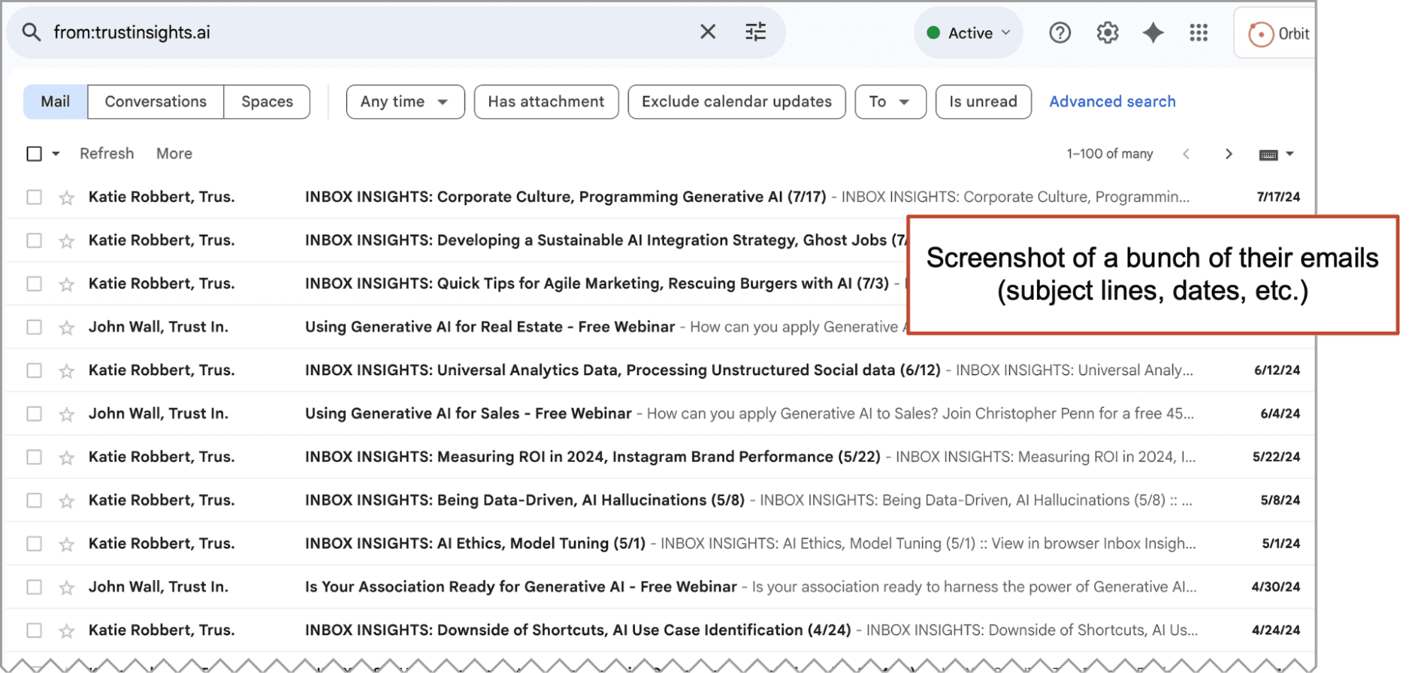 A Gmail inbox displaying multiple emails from Katie Robbert, with subjects related to business insights and analytics, including message dates and attachment icons.