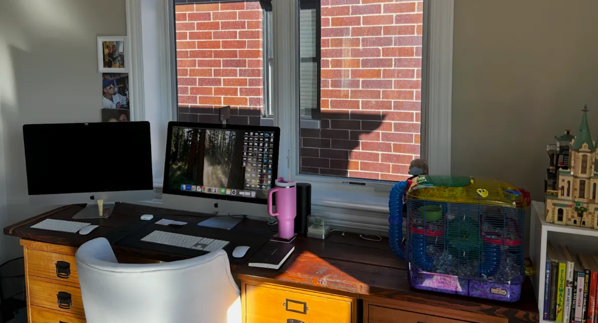 A wooden desk with a computer setup, a water bottle, a small animal cage, books, and a chair sits in front of two windows with brick walls visible outside.