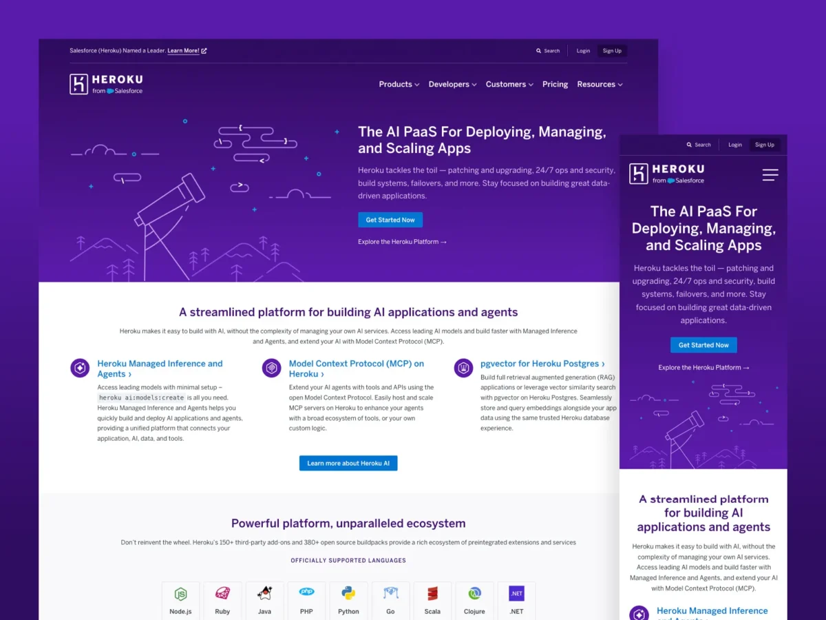 Screenshot showing the Heroku website homepage featuring a purple header, navigation menu, and sections describing features for app deployment, management, and scaling on both desktop and mobile views.