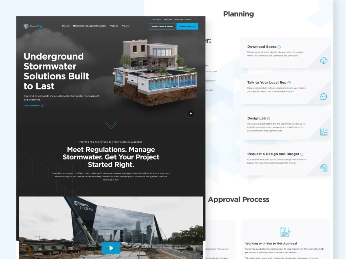 Website homepage featuring an illustration of an underground stormwater system beneath buildings, with text about stormwater solutions and regulatory compliance. Approval process steps are partially visible on the right.