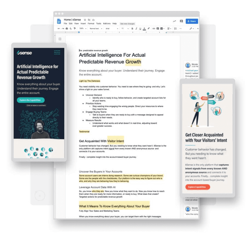 A digital document titled "Artificial Intelligence For Actual Predictable Revenue Growth" is displayed on a computer, with two mobile ads about AI solutions for customer insights beside it.