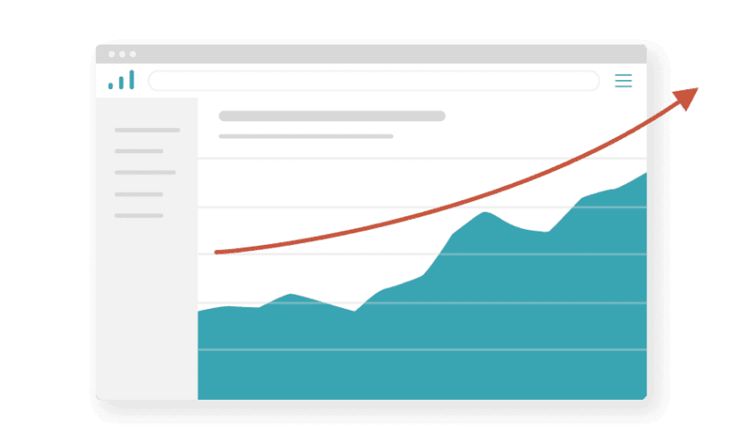 A stylized graph on a computer screen shows a steady upward trend, represented by an arrow rising from left to right over shaded blue chart areas.