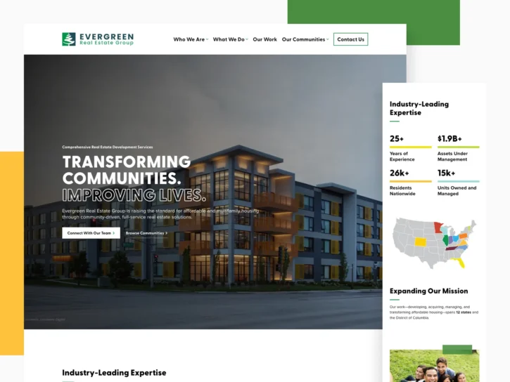 Modern apartment building at dusk with illuminated windows, overlaid text reads "Transforming Communities. Improving Lives." and navigation menu for Evergreen Real Estate Group at the top.