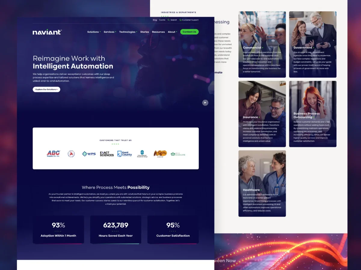 A business website homepage with a blue theme showing automation services, client logos, statistics, and sections highlighting industries served with photos and descriptions.