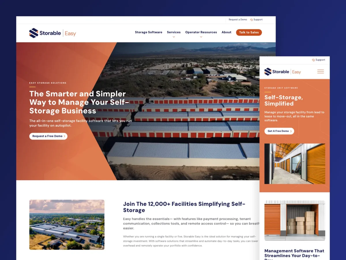A website and mobile page for Storable Easy self-storage management software, showing facility images, navigation menus, and calls to action like “Request a Free Demo.”.