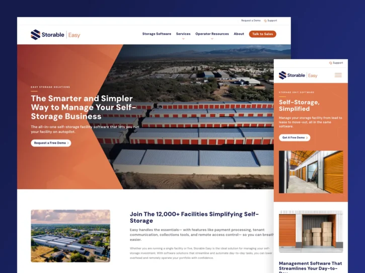 A website and mobile page for Storable Easy self-storage management software, showing facility images, navigation menus, and calls to action like “Request a Free Demo.”.