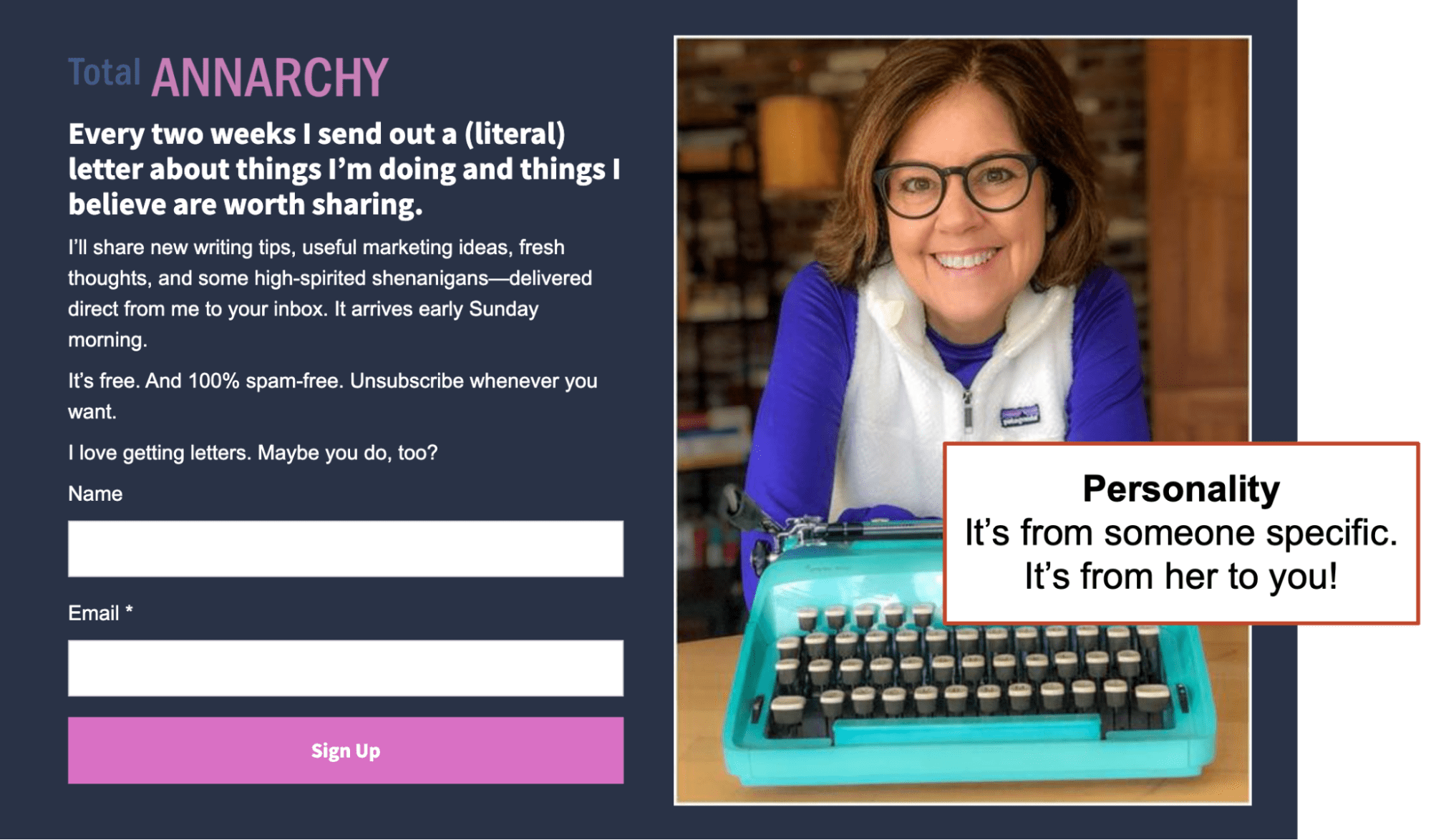 A woman smiles next to a turquoise typewriter. Text promotes a newsletter called "Total Annarchy," highlighting personal content sent every two weeks.