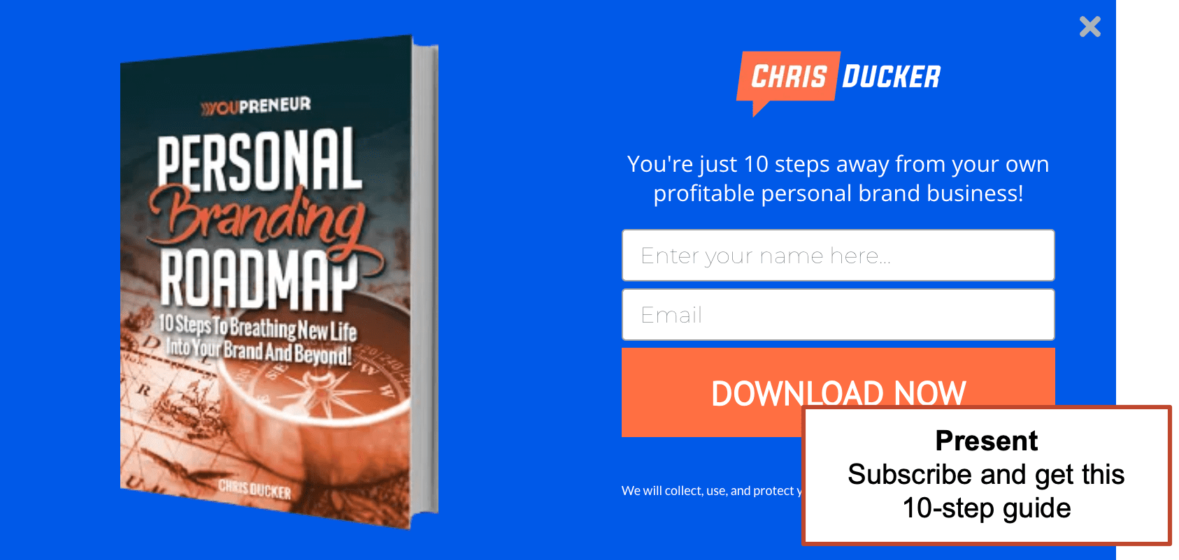 A blue promotional banner offers a free “Personal Branding Roadmap” 10-step guide with fields to enter name and email, and a “Download Now” button.