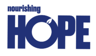 Blue text logo that reads "nourishing HOPE," with the letter "O" in "HOPE" stylized as a circle with a leaf.